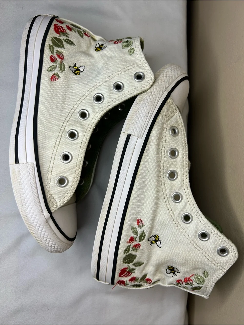 Converse Kids' White High-Top Sneakers with Strawberries & Bee Embroidery